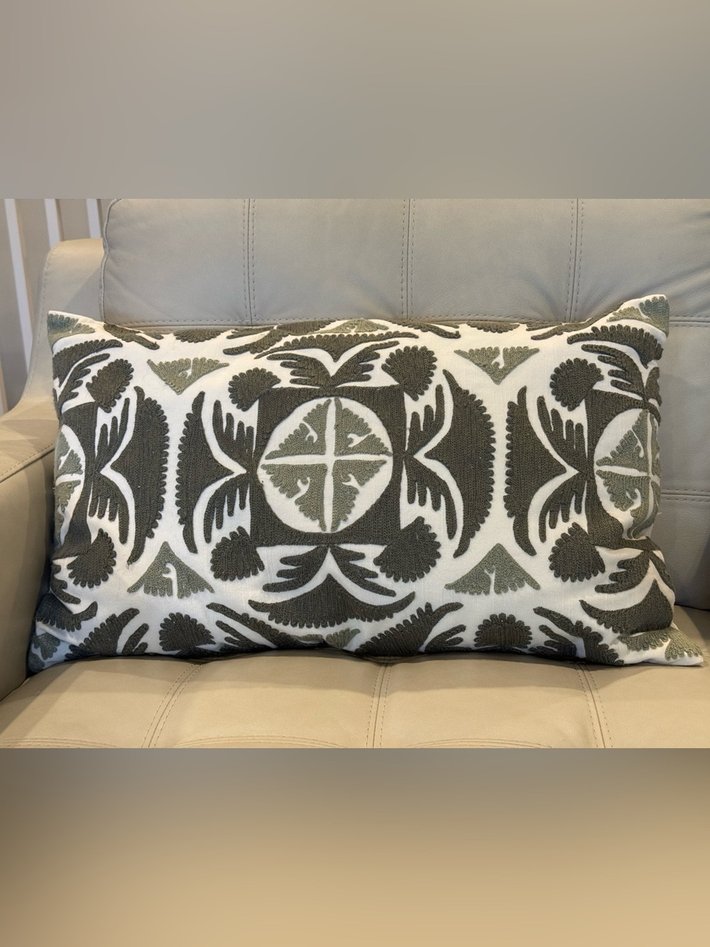 Pottery Barn Decorative Embroidered Accent Pillow in Green and Off White 16x26